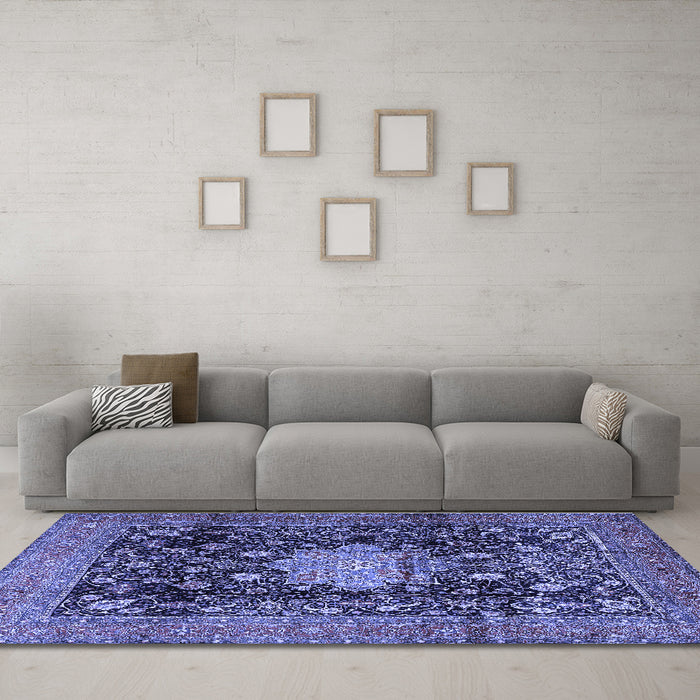Machine Washable Medallion Blue Traditional Rug in a Living Room, wshtr2533blu