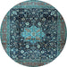 Round Machine Washable Medallion Light Blue Traditional Rug, wshtr2533lblu