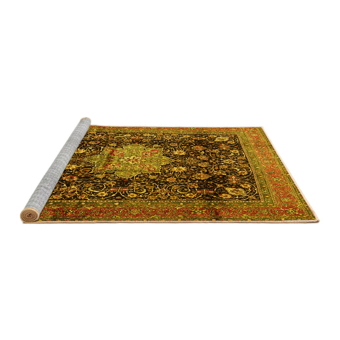Sideview of Machine Washable Medallion Yellow Traditional Rug, wshtr2533yw