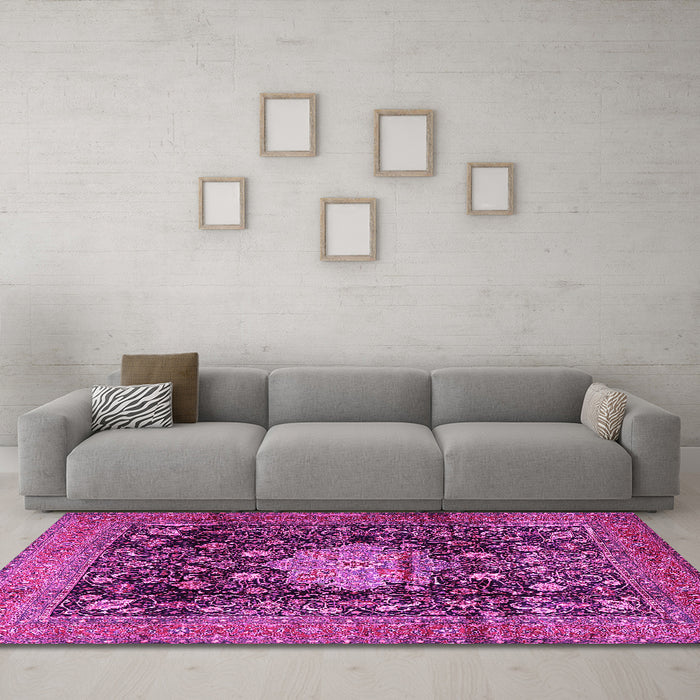 Machine Washable Medallion Pink Traditional Rug in a Living Room, wshtr2533pnk