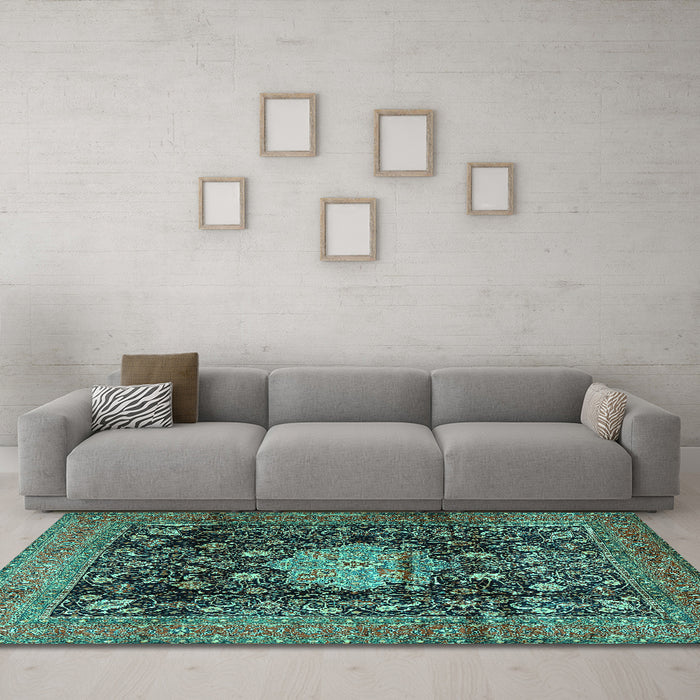 Machine Washable Medallion Turquoise Traditional Area Rugs in a Living Room,, wshtr2533turq