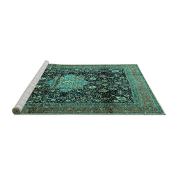 Sideview of Machine Washable Medallion Turquoise Traditional Area Rugs, wshtr2533turq