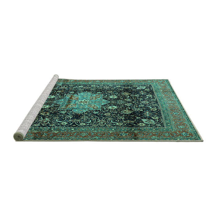 Sideview of Machine Washable Medallion Turquoise Traditional Area Rugs, wshtr2533turq