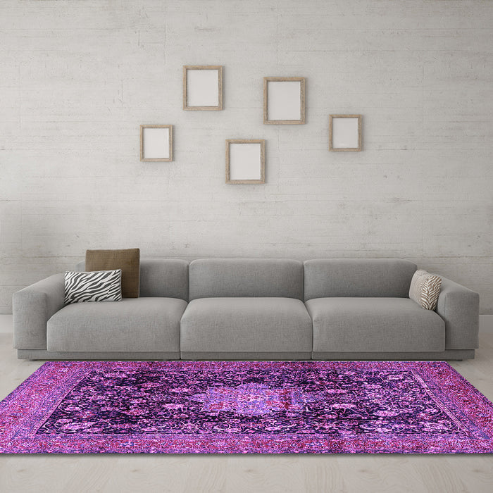 Machine Washable Medallion Purple Traditional Area Rugs in a Living Room, wshtr2533pur