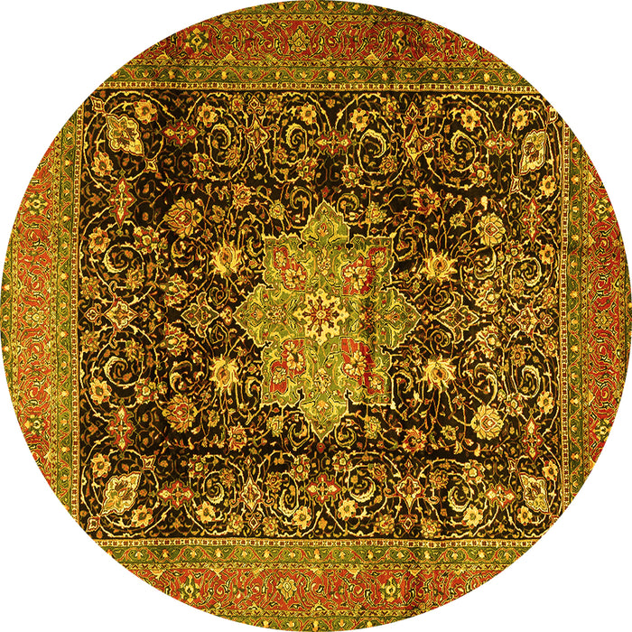 Round Machine Washable Medallion Yellow Traditional Rug, wshtr2533yw