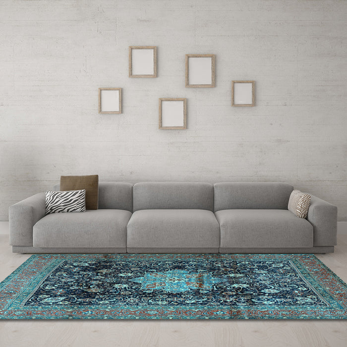 Machine Washable Medallion Light Blue Traditional Rug in a Living Room, wshtr2533lblu