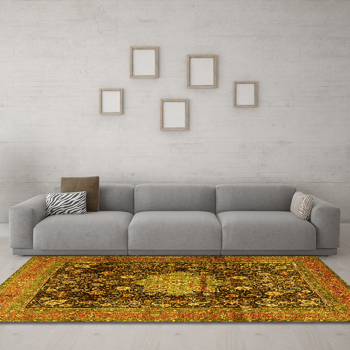 Machine Washable Medallion Yellow Traditional Rug in a Living Room, wshtr2533yw