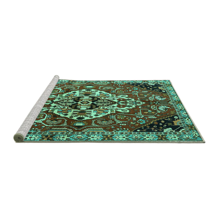 Sideview of Machine Washable Persian Turquoise Traditional Area Rugs, wshtr2534turq