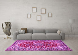 Machine Washable Medallion Pink Traditional Rug in a Living Room, wshtr2535pnk