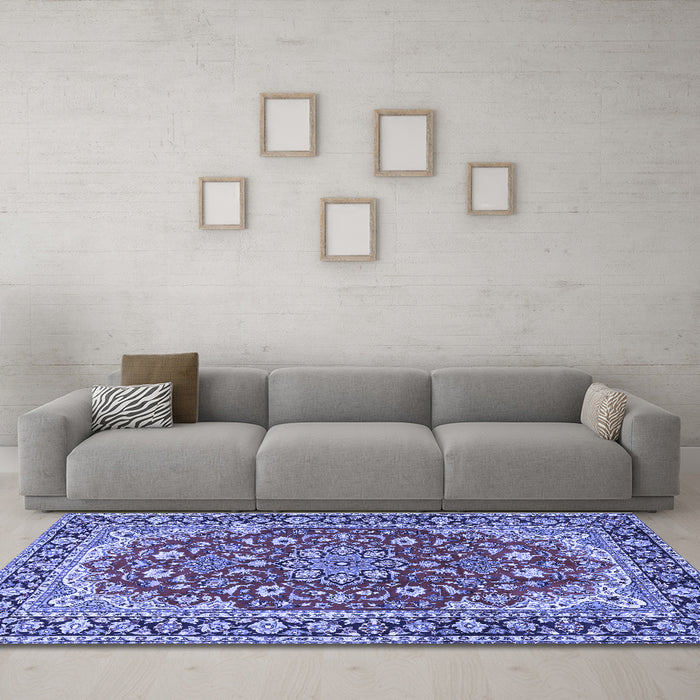 Machine Washable Medallion Blue Traditional Rug in a Living Room, wshtr2535blu