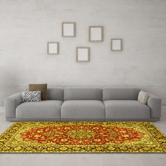 Machine Washable Medallion Yellow Traditional Rug in a Living Room, wshtr2535yw