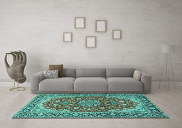 Machine Washable Medallion Turquoise Traditional Area Rugs in a Living Room,, wshtr2535turq