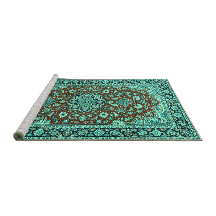 Sideview of Machine Washable Medallion Turquoise Traditional Area Rugs, wshtr2535turq