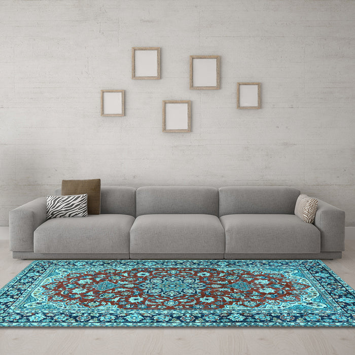 Machine Washable Medallion Light Blue Traditional Rug in a Living Room, wshtr2535lblu