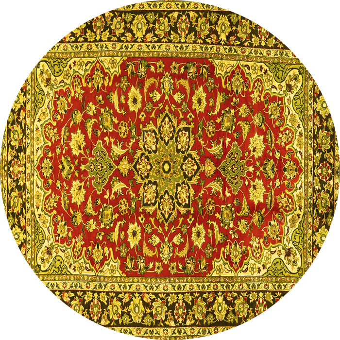 Round Machine Washable Medallion Yellow Traditional Rug, wshtr2535yw