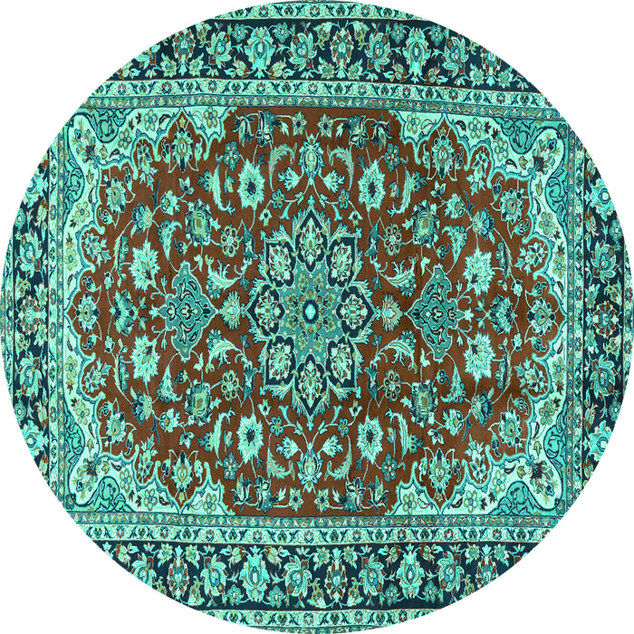 Round Machine Washable Medallion Turquoise Traditional Area Rugs, wshtr2535turq