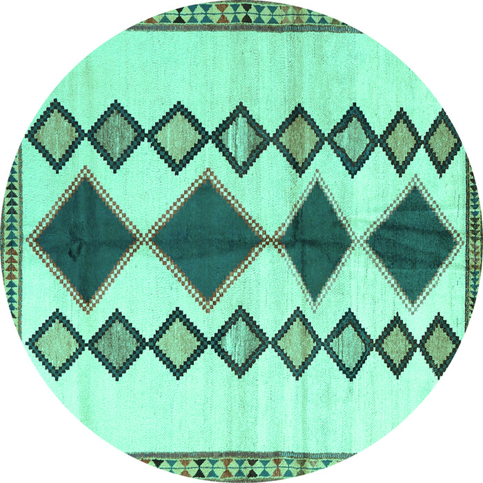 Round Machine Washable Southwestern Turquoise Country Area Rugs, wshtr2536turq