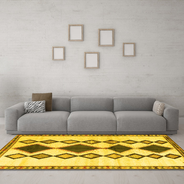 Machine Washable Southwestern Yellow Country Rug in a Living Room, wshtr2536yw