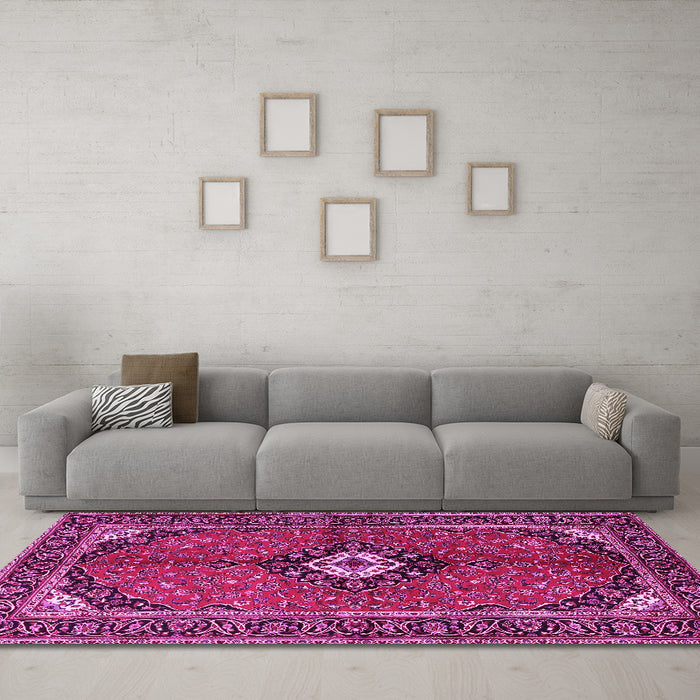 Machine Washable Persian Pink Traditional Rug in a Living Room, wshtr2537pnk
