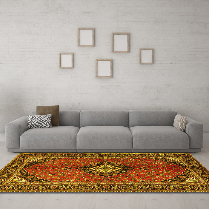 Machine Washable Persian Yellow Traditional Rug in a Living Room, wshtr2537yw