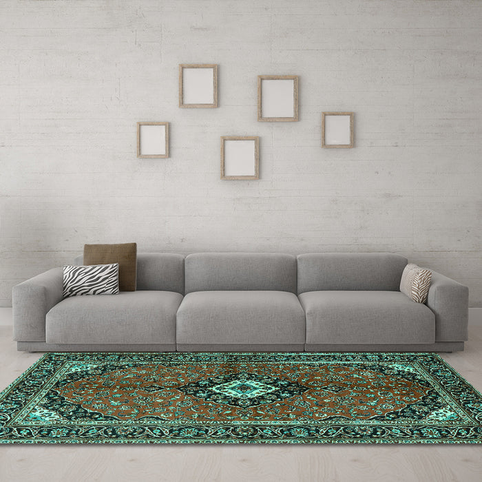 Machine Washable Persian Turquoise Traditional Area Rugs in a Living Room,, wshtr2537turq