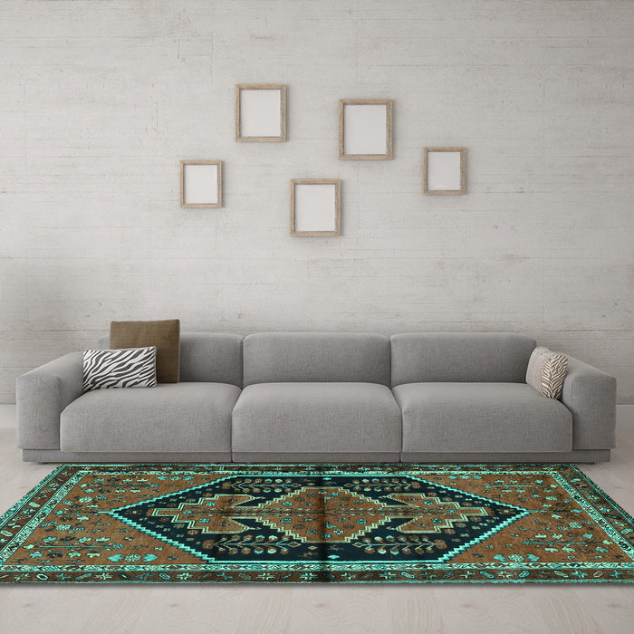 Machine Washable Persian Turquoise Traditional Area Rugs in a Living Room,, wshtr2538turq