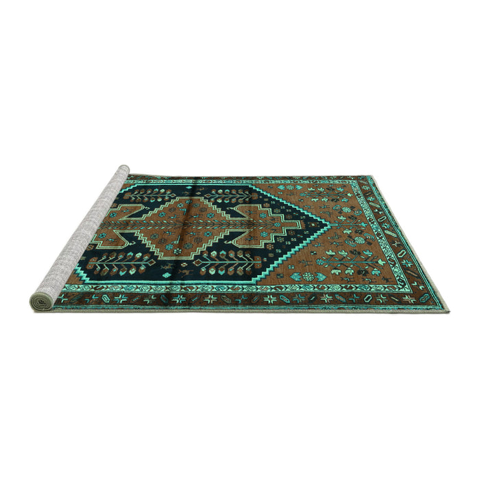 Sideview of Machine Washable Persian Turquoise Traditional Area Rugs, wshtr2538turq