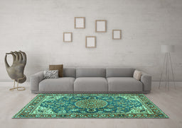 Machine Washable Persian Turquoise Traditional Area Rugs in a Living Room,, wshtr2539turq