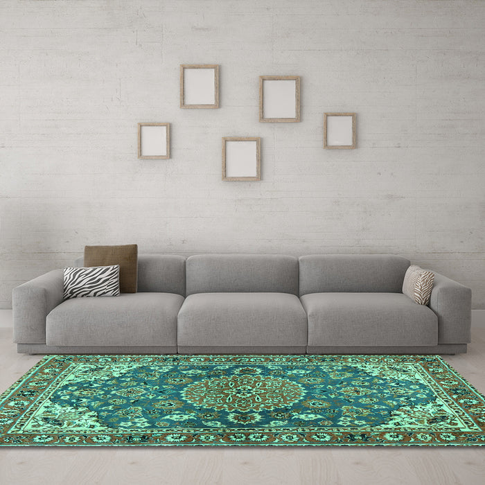 Machine Washable Persian Turquoise Traditional Area Rugs in a Living Room,, wshtr2539turq