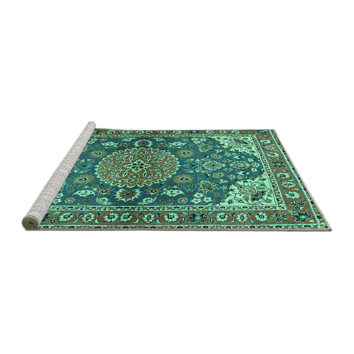 Sideview of Machine Washable Persian Turquoise Traditional Area Rugs, wshtr2539turq