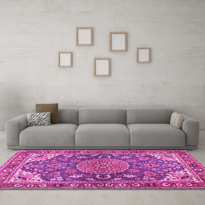 Machine Washable Persian Pink Traditional Rug in a Living Room, wshtr2539pnk