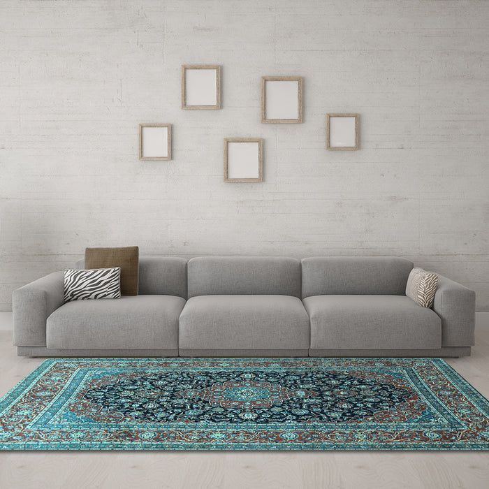 Machine Washable Medallion Light Blue Traditional Rug in a Living Room, wshtr253lblu