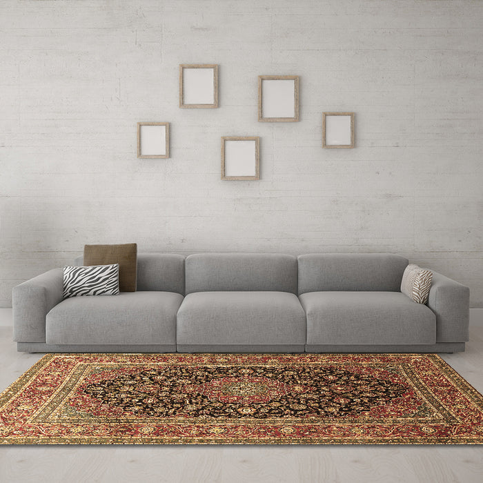 Machine Washable Medallion Brown Traditional Rug in a Living Room,, wshtr253brn