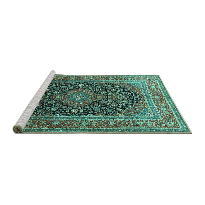 Sideview of Machine Washable Medallion Turquoise Traditional Area Rugs, wshtr253turq