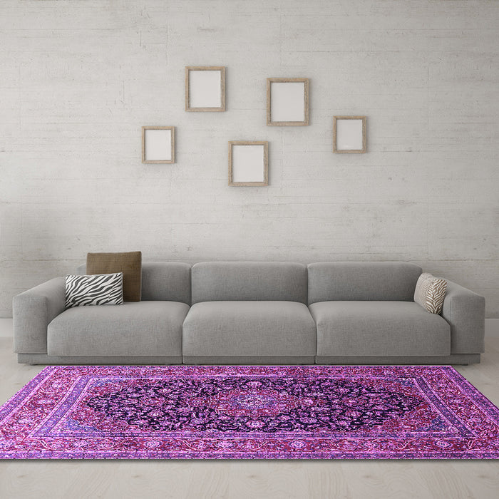 Machine Washable Medallion Purple Traditional Area Rugs in a Living Room, wshtr253pur