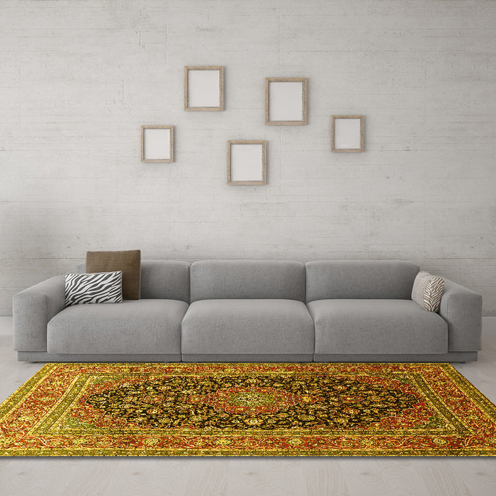 Machine Washable Medallion Yellow Traditional Rug in a Living Room, wshtr253yw