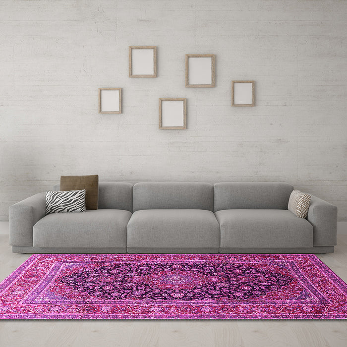 Machine Washable Medallion Pink Traditional Rug in a Living Room, wshtr253pnk