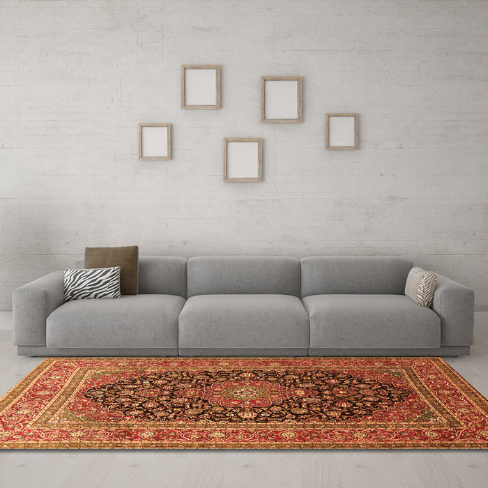 Machine Washable Medallion Orange Traditional Area Rugs in a Living Room, wshtr253org
