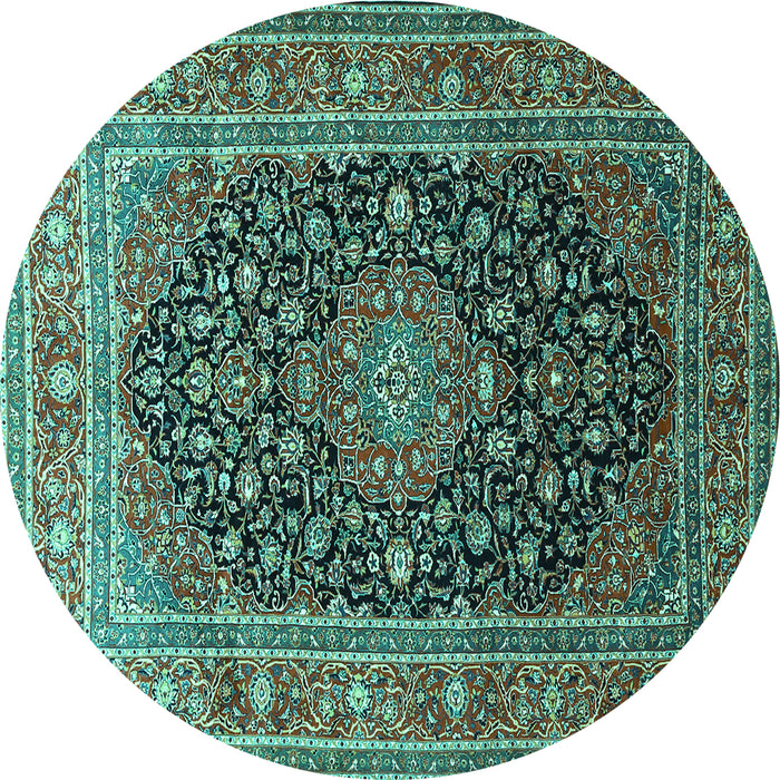 Round Machine Washable Medallion Turquoise Traditional Area Rugs, wshtr253turq