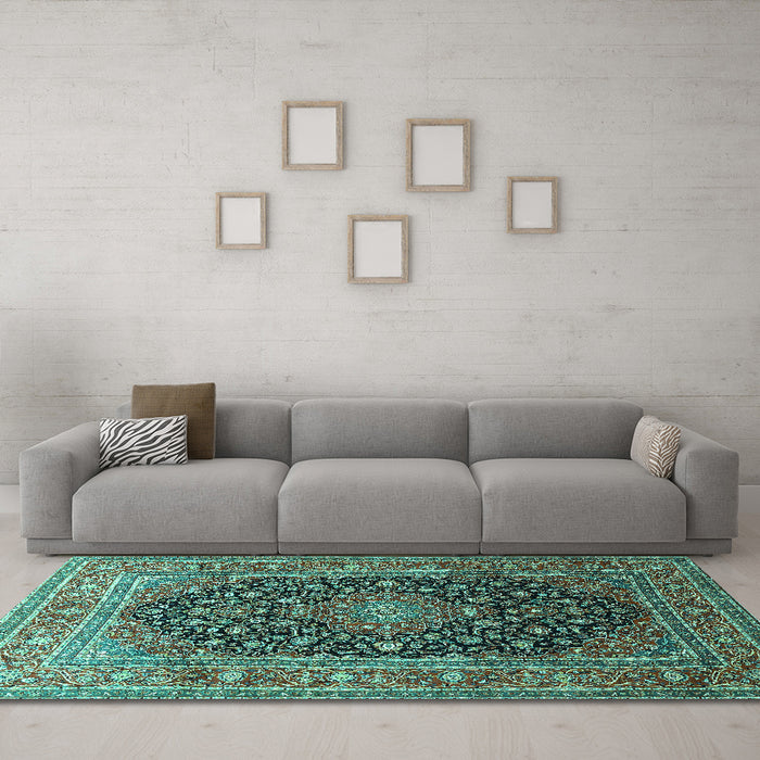 Machine Washable Medallion Turquoise Traditional Area Rugs in a Living Room,, wshtr253turq