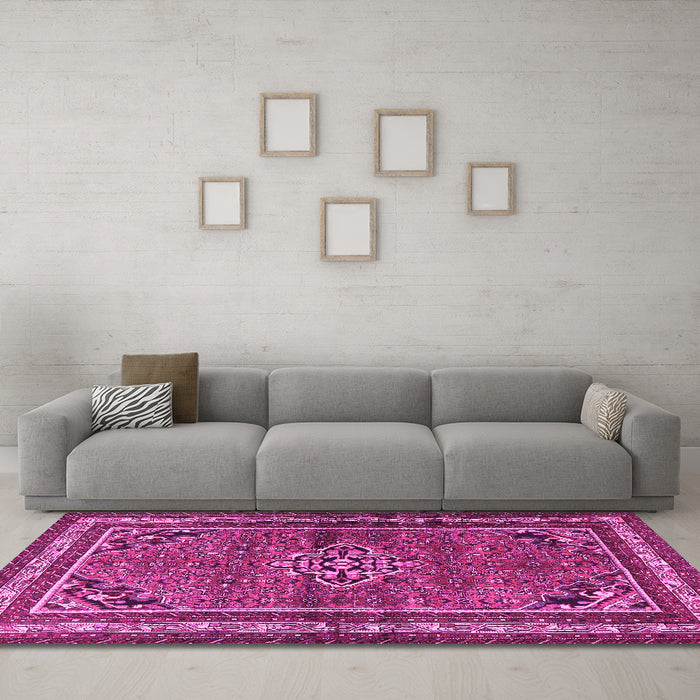 Machine Washable Persian Pink Traditional Rug in a Living Room, wshtr2540pnk