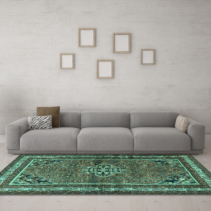 Machine Washable Persian Turquoise Traditional Area Rugs in a Living Room,, wshtr2540turq