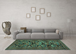 Machine Washable Persian Turquoise Traditional Area Rugs in a Living Room,, wshtr2541turq