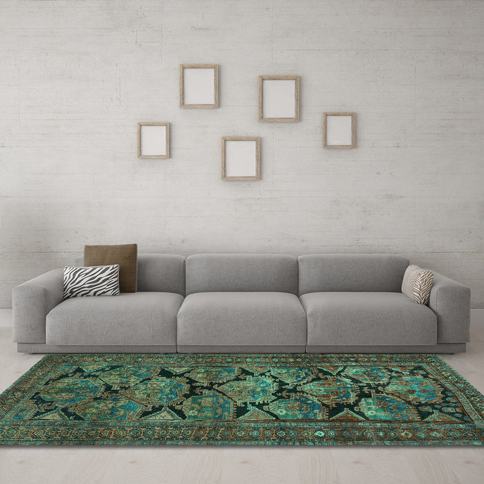 Machine Washable Persian Turquoise Traditional Area Rugs in a Living Room,, wshtr2541turq