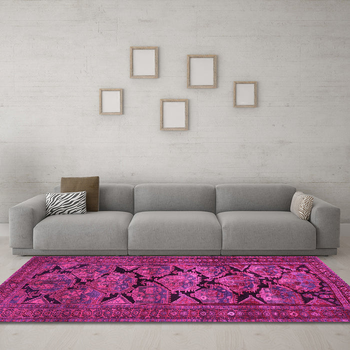 Machine Washable Persian Pink Traditional Rug in a Living Room, wshtr2541pnk