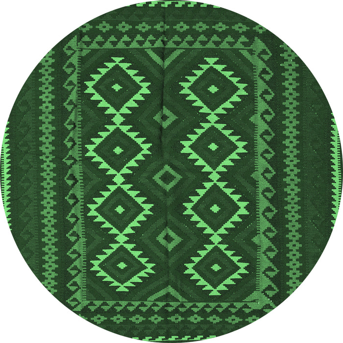 Round Machine Washable Southwestern Emerald Green Country Area Rugs, wshtr2543emgrn