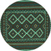 Round Machine Washable Southwestern Turquoise Country Area Rugs, wshtr2543turq