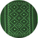 Round Machine Washable Southwestern Emerald Green Country Area Rugs, wshtr2544emgrn