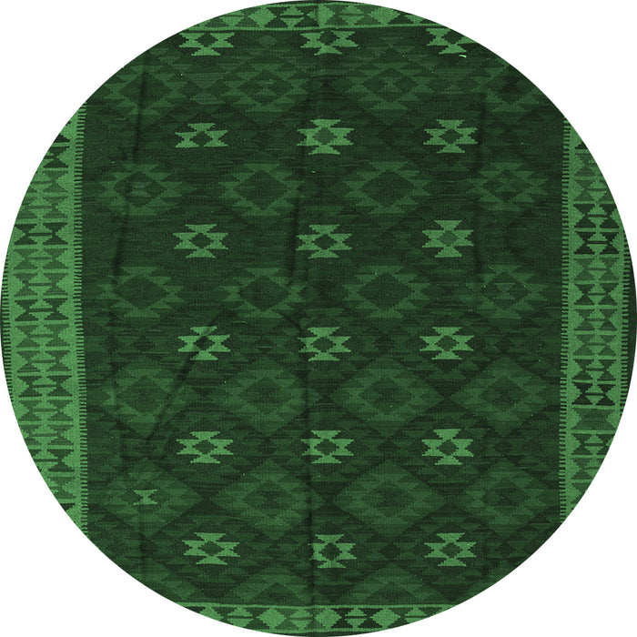Round Machine Washable Southwestern Emerald Green Country Area Rugs, wshtr2545emgrn