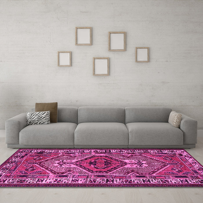 Machine Washable Persian Pink Traditional Rug in a Living Room, wshtr2546pnk